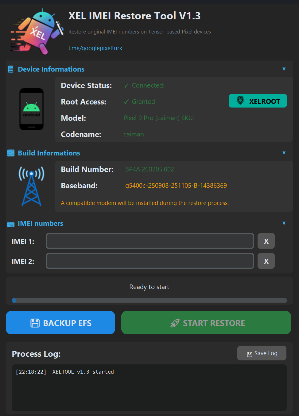 XEL IMEI Restore Tool ana ekran